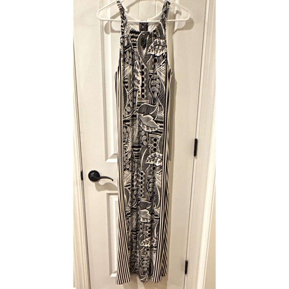 Chico's Womens size 2 Black/White Geometric Sleeveless Maxi Dress Tie Neck